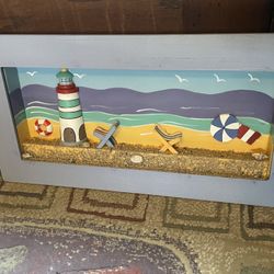 3D Diorama Beach Picture Shadow Box 21.5” W x 11” H of Oceanside lighthouse, sand and shells