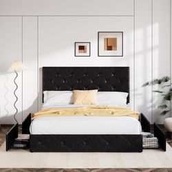 B799 $145  Upholstered Queen Size Platform Bed Frame with 4 Storage Drawers and Headboard, Diamond Stitched Button Tufted, Mattress Foundation with Wo