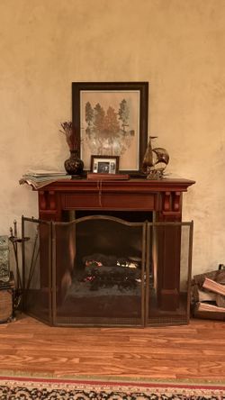 Vintage Wood Fireplace Mantel & Brass Screen