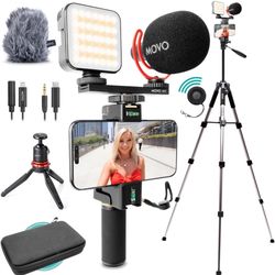 Movo iVlogger-PRO Vlogging Kit with Full Tripod for iPhone/Android - USB-C/Lightning YouTube Starter Kit for Content Creators - Accessories: Phone Tri