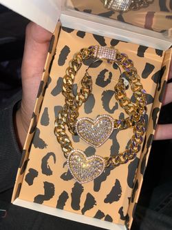 gold heart chain and bracelet set 14k gold plated