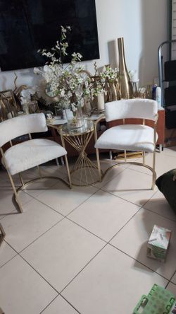 White Faux Fur Accent Chairs with Gold Frame – Set of 2