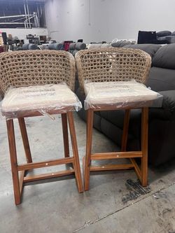 Christopher Knight Home Outdoor Acacia Wood Bar Stools Set of 2, Teak Finish Bar Height Chairs with Beige Cushion and Light Brown Wicker Back, Patio C