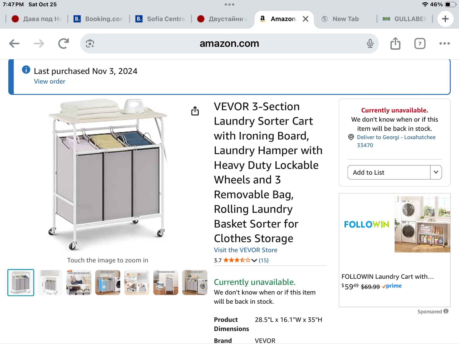 VEVOR 3-Section Laundry Sorter Cart with Ironing Board, Laundry Hamper with Heavy Duty Lockable Wheels and 3 Removable Bag, Rolling Laundry Basket Sor