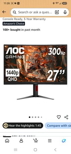 AOC 27" Curved 1500R 300hz Gaming Monitor Brand New (Price Is Firm)