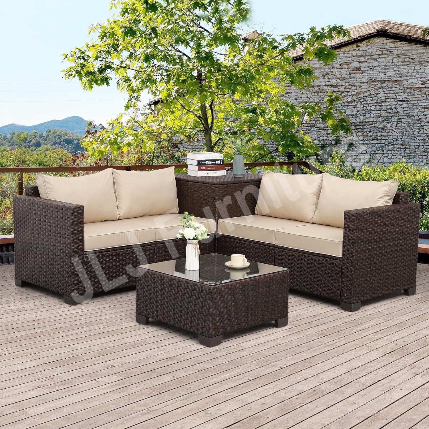 NEW🔥Outdoor Patio Furniture Set Brown Wicker Beige Cushions Storage and Cover