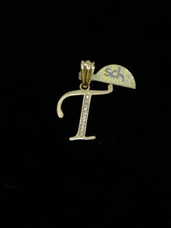 $175 Yellow Gold w Zirconia Letter Initial T Charm Pendant