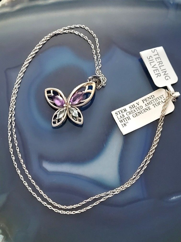 NWT Silver Butterfly Topaz Amethyst Pendant Necklace