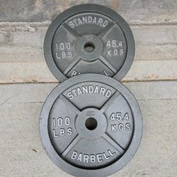 Cap Pair Of 100 Lb Cast Iron Olympic Plates 