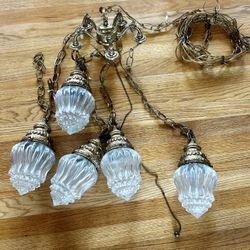 Vintage Brass (5) Light Vintage Hollywood Regency Pendant Cascading Swag CHAIN CHANDELIER Fixture Crystal Globes electric