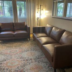 Abbyson Prado Mid-Century Top Grain Leather Sofa And Loveseat, Camel