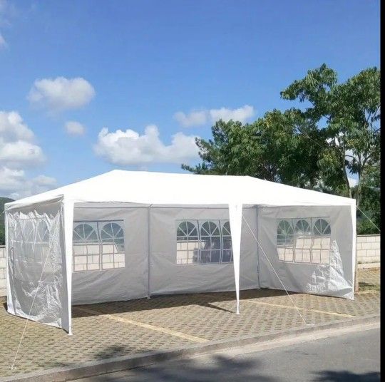 10 ft. x 20 ft. White Steel Frame Canopy Tent with Sidewalls and Stakes Outdoor Event Shelter