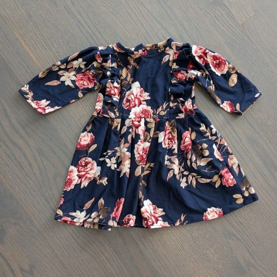 Handmade Baby Girls Jersey Floral Long Sleeve Dress - Blue | Estimate 12-18 Month