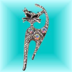 JJ Fantasia 1990s Cat Brooch Silver & Aurora Borealis Rhinestones, NWT, 1.5x2.75”