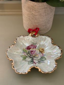 Vintage Iridescent Floral Porcelain Trinket Dish with Gold Trim - White