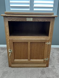 White Clad Vintage Oak Ice Box Cabinet With Revolving Top TV Stand
