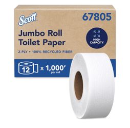 Scott Professional 100% Recycled Fiber High-Capacity Jumbo Roll Toilet Paper, Bulk (67805), 2-Ply, Septic Safe, White, Non-Perforated (12 Rolls at 1,0