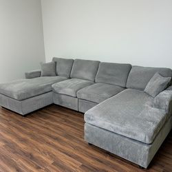 New! Fog Grey Double Chaise Corduroy Sectional