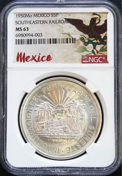 1950 México 5 Pesos Coin Southern Railroad  NGC MS 63