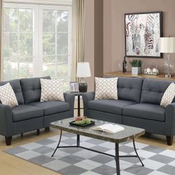 Brand New Two Piece Charcoal Sofa Loveseat Set 