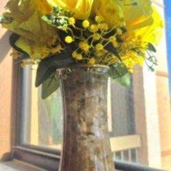 *** NEW LOW PRICE *** Glass Vase with Faux Bouquet of Yellow Roses Gypsophila in Citrine  Stone / Epoxy @ Lasting Creations