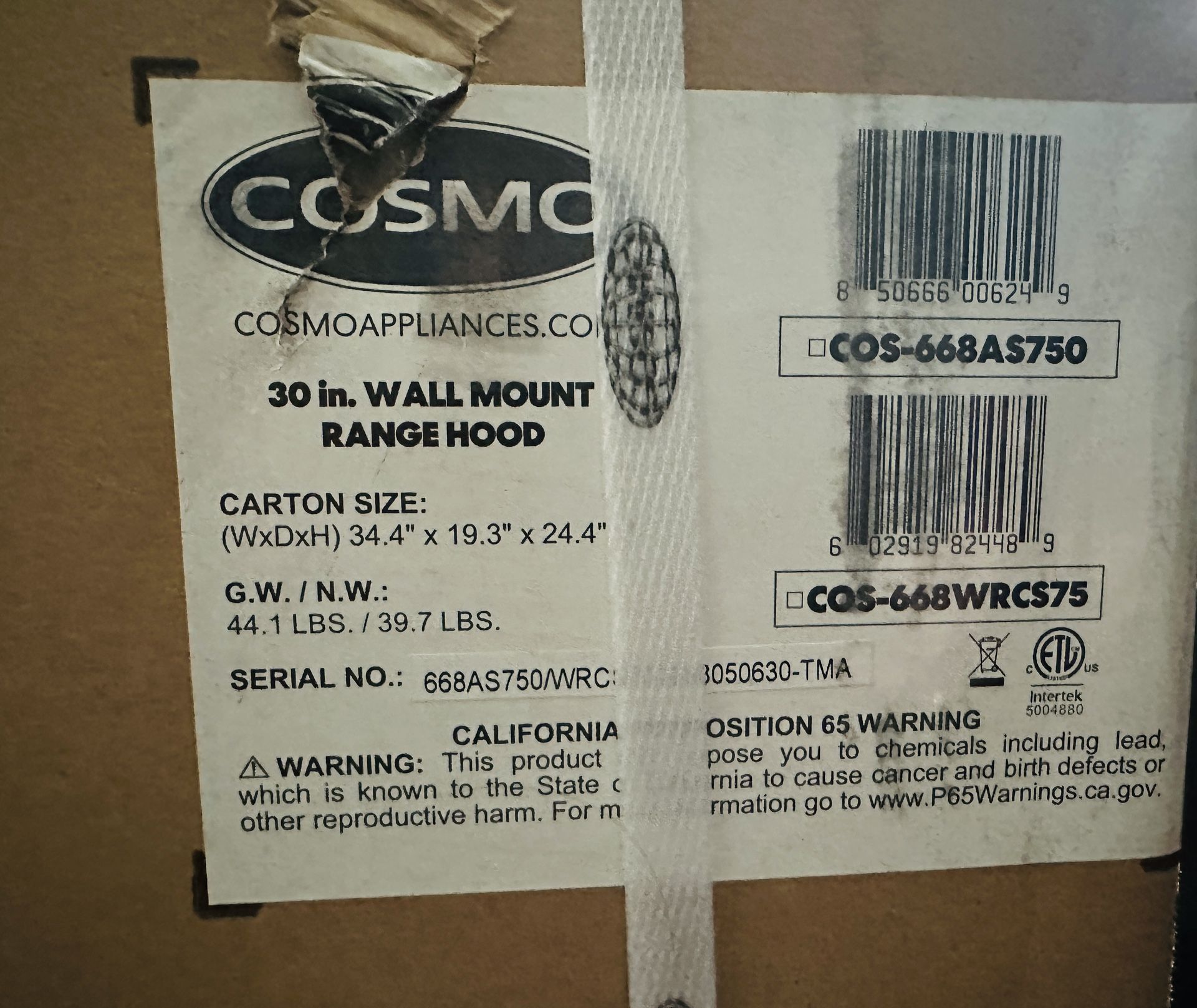 $200 - Cosmo 30 in. Vista Collection 380 CFM Ducted Wall Mount Range Hood