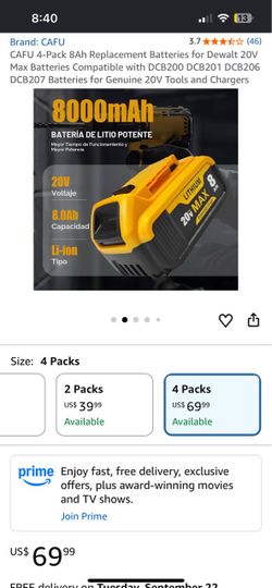 CAFU 4-Pack 20V 8Ah Replacement Batteries for DeWalt