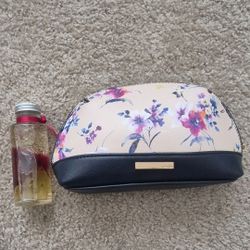 Fienda Faux Leather Floral Makeup Bag with Zipper, Beige Black Pink Purple