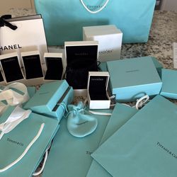 Lot of Tiffany, Pandora, Chanel Boxes and Bags