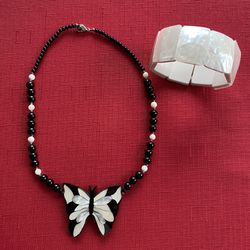 Butterfly Necklace is Inlaid Mother-Of-Pearl On Black Acrylic w/Glass Beads-18” length Stretch Mother-of-Pearl Bracelet 