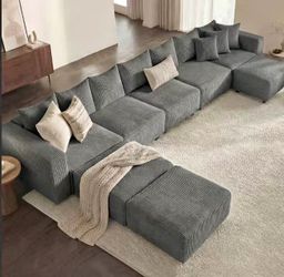 Grey Large Corduroy Modular Sectional Sofa