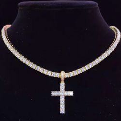 Diamond Tennis Chain Cross 20 Inch 4mm  Gold