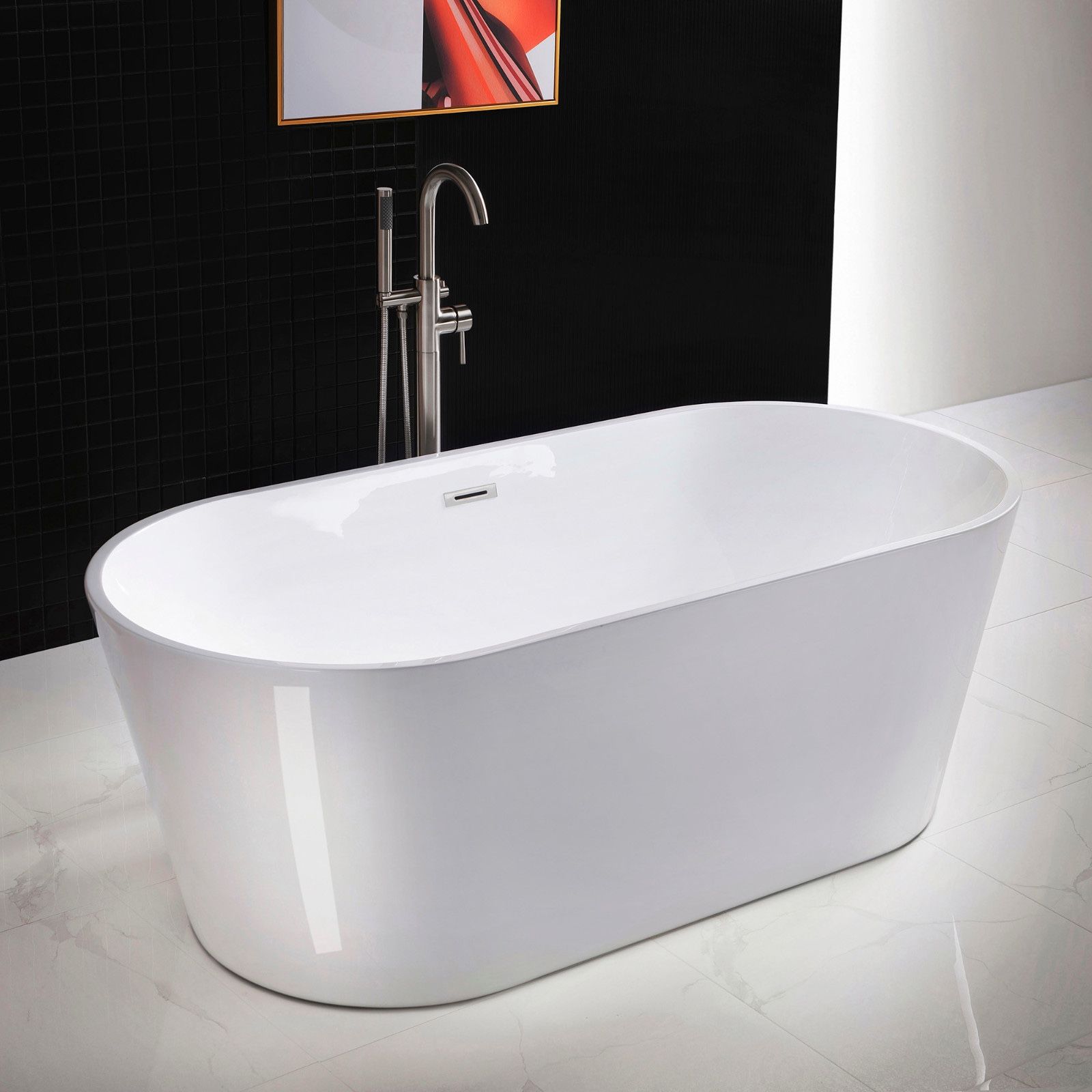 B0013-B/N-Drain&O WOODBRIDGE 67" Acrylic Freestanding Bathtub Contemporary Soaking Tub with Brushed Nickel Overflow and Drain,White Tub