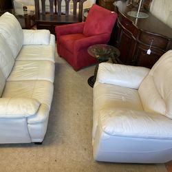 White Leather Couch W Chair 