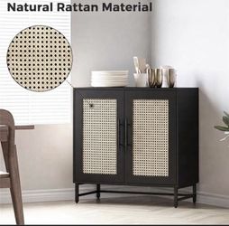 Black Sideboard Cabinet with Rattan Doors