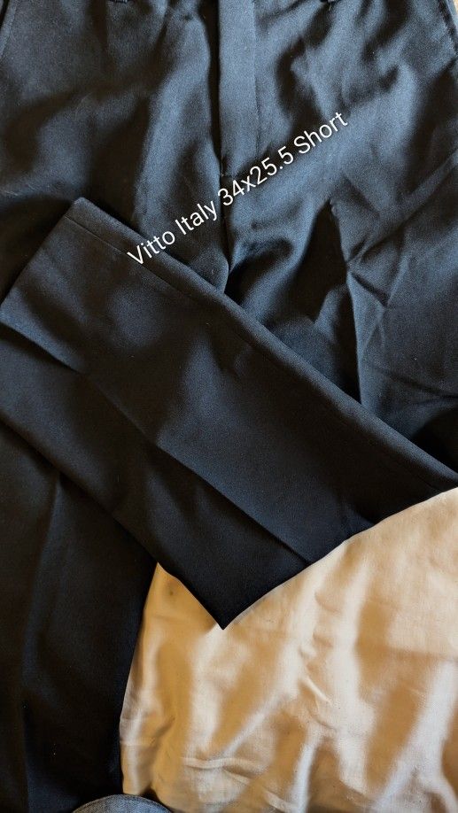 Mens Vitto Italy 34x25.5 Short Black Dress Pants, 4 Pockets, 100% Polyester. Can be let down 2.5"+ East Or West