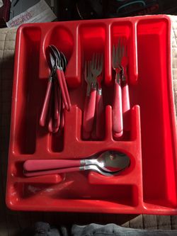 24 piece Red Flatware Spoons Forks in Cutlery Tray