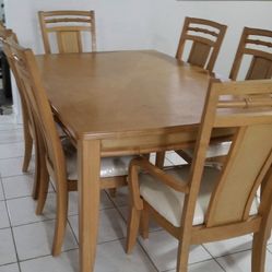 Light Brown Wood Dining Table And Chair Set - 6 Pieces.