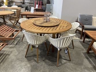 BRAND NEW OPEN BOX Round Outdoor Dining Set – FSC Certified Solid Wood | Table + 4 Chairs | HEAVY DUTY All-Weather | Closeout Deal | Delivery Availabl