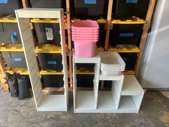 IKEA white shelves with bins