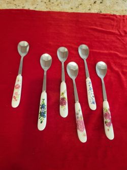 Set of 6 Floral Ceramic Handle Teaspoons 6"