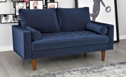 Beautiful Blue Velvet Unique Statement Mid-Century Modern Sofa
