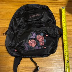 JanSport Mini Black Backpack, Half Pint, Rose Embroidered ,