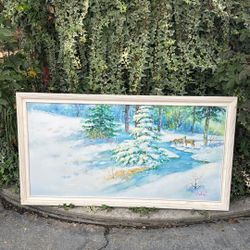 Hand Painted Original Snow Scene On Canvas With Deer