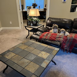 Slate and wrought iron coffee table and end table