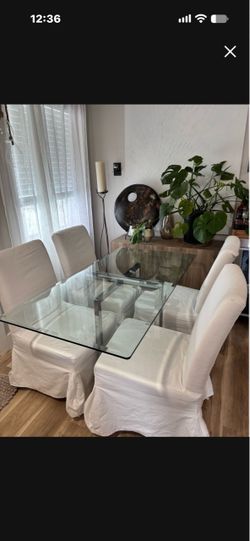 Glass Top Dining Table with 4 White Chairs