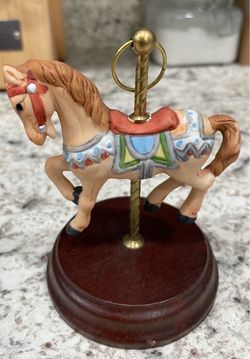 Mini Ceramic Carousel Horse Figurine on Wooden Base