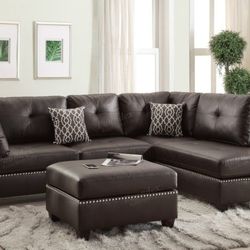 Brand New Espresso Leather Sectional Sofa With Ottoman 