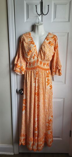 Fox's Orange White Elephant print Smocked V-neck Wide-Leg Jumpsuit Size S NWT
