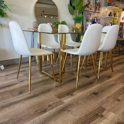 White Gold Velvet Glass Dining Set For 6